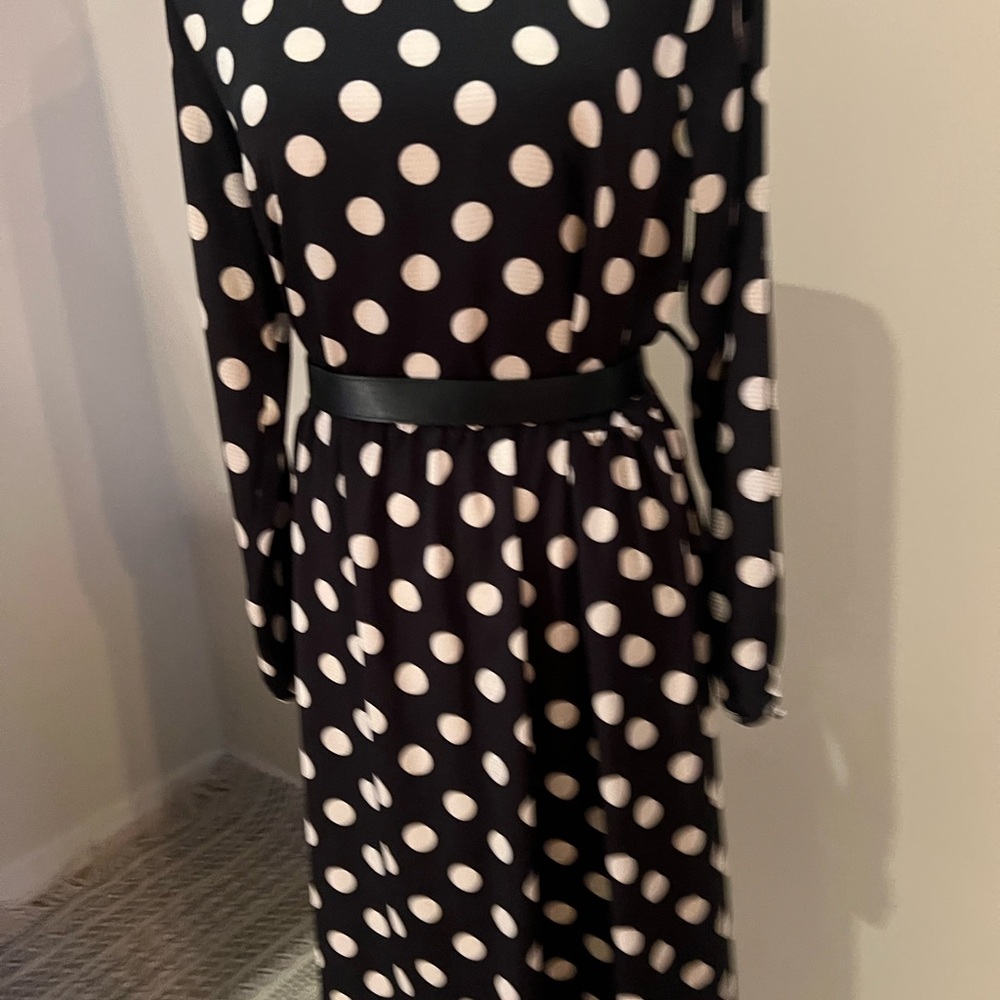 H&M Black Dress with White Polka Dots — Long Sleeve. Belt Not included - Picture 5 of 9